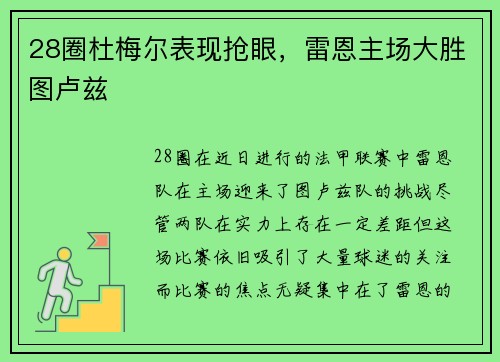 28圈杜梅尔表现抢眼，雷恩主场大胜图卢兹