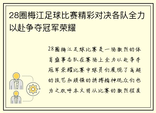 28圈梅江足球比赛精彩对决各队全力以赴争夺冠军荣耀